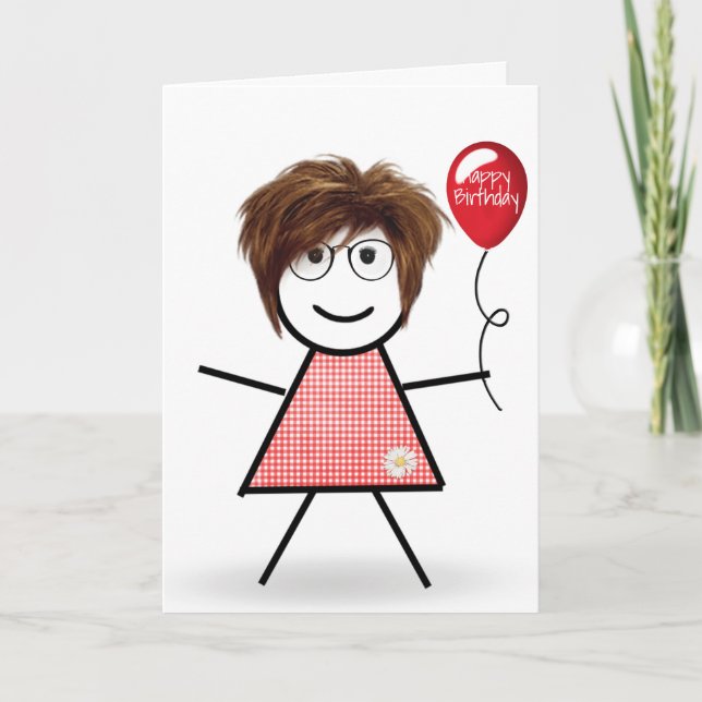 Carte Bâton fille d'anniversaire avec ballon rouge (Devant)