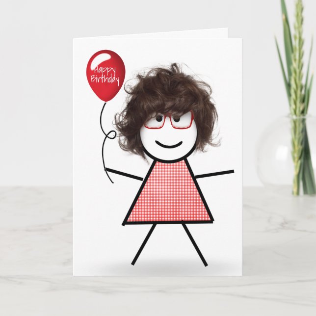 Carte Bâton fille d'anniversaire avec ballon rouge (Devant)