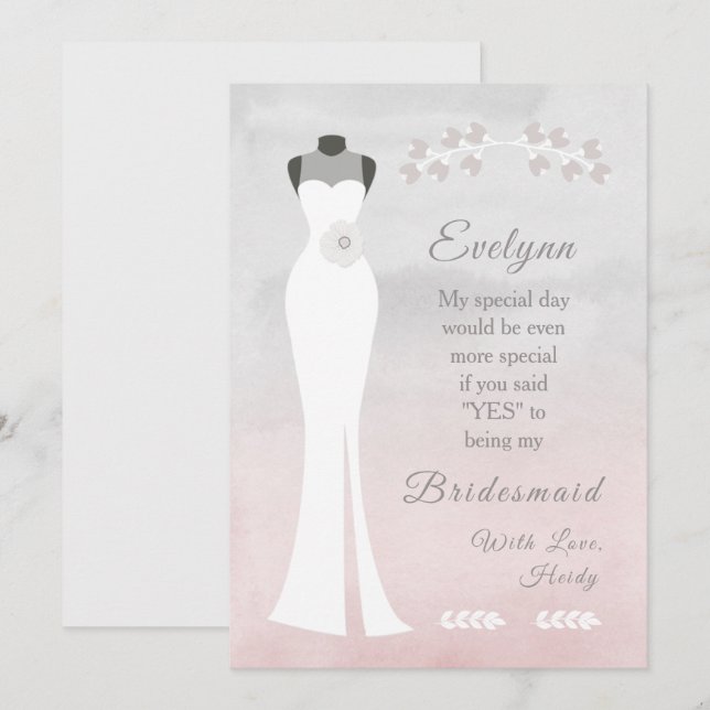 Carte Be My Bridesmaid - White Brie Gown sur Pink Grey (Devant / Derrière)
