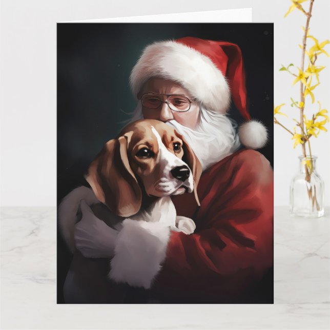 Carte Beagle avec le Père Noël Festif Noël (Fleur jaune)