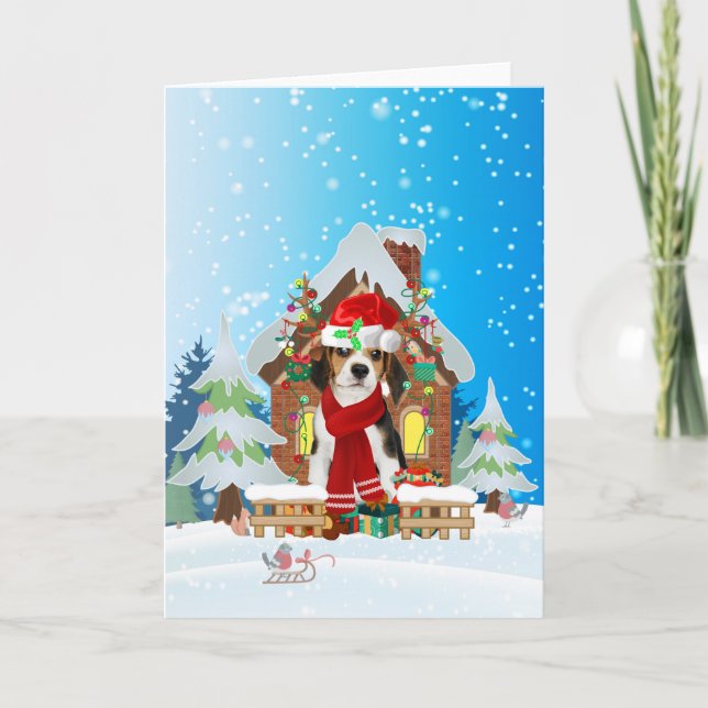 Carte Beagle dans la neige avec des cadeaux de Noël (Devant)