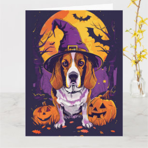 Carte Beagle effrayant Halloween Sorcière et Citrouille