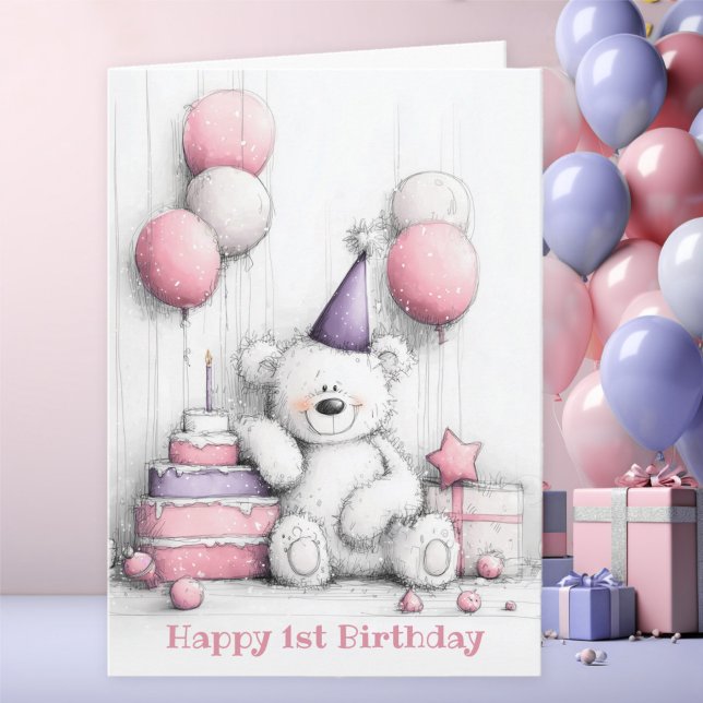 Carte Bear en Teddy rose mignonne 1er anniversaire (Créateur téléchargé)