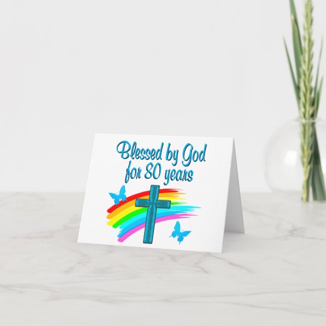 CARTE BEAU BLEU 80E ANNIVERSAIRE DESIGN CHRÉTIEN (Devant)