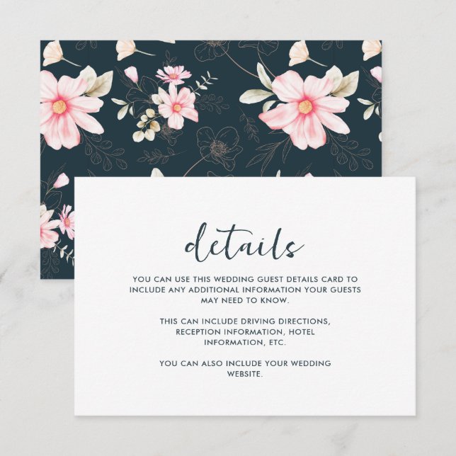 Carte Beau Bleu Bleu Floral Mariage Détails de l'invité (Devant / Derrière)