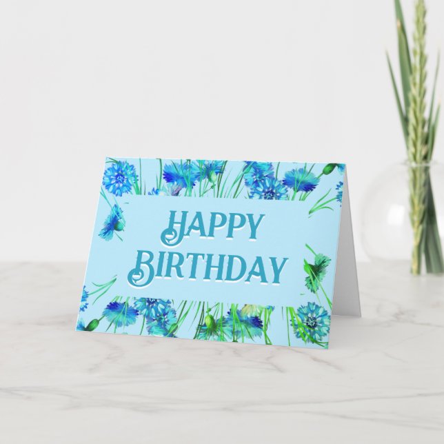 Carte Beau Bleu Floral Art Anniversaire (Devant)
