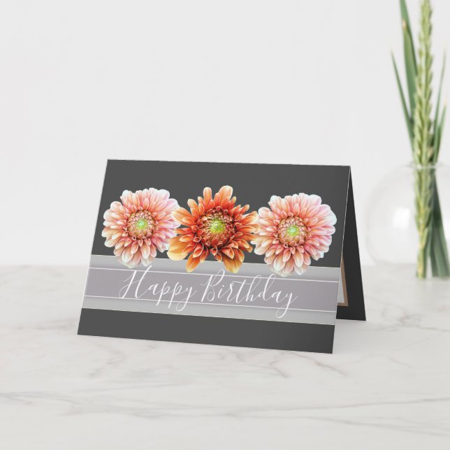 Carte Beau Bouquet Floral Orange Dahlias Anniversaire (Devant)