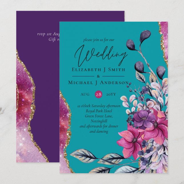 Carte Beau BUDGET Rose Turquoise Floral Agate Mariage (Devant / Derrière)