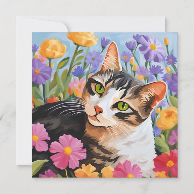 Carte Beau chat avec fleurs (Devant)