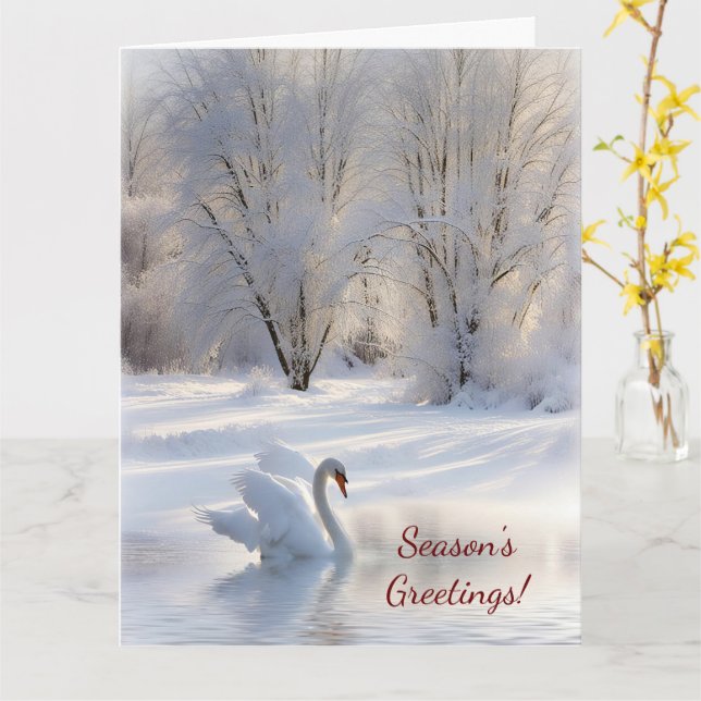 Carte Beau cygne Joyeuses Fêtes dans la neige (Fleur jaune)