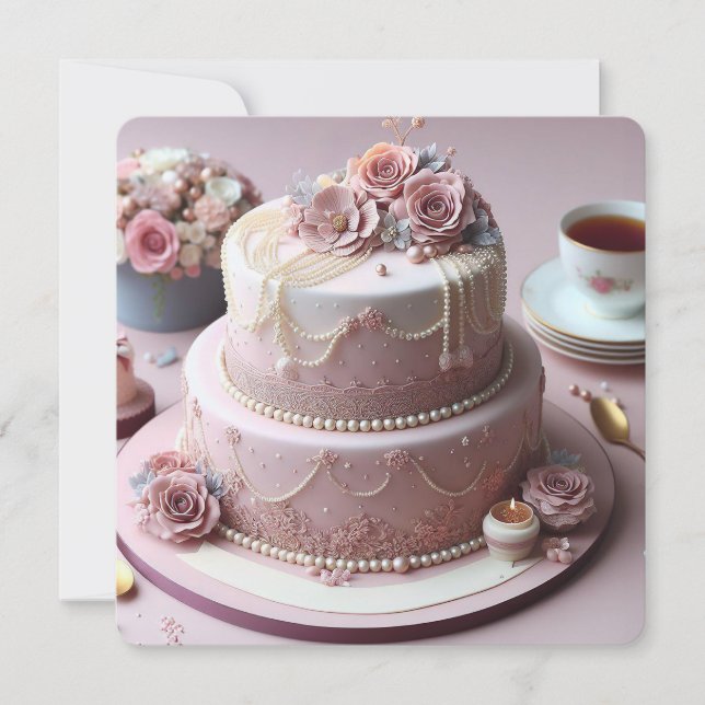 CARTE BEAU GÂTEAU FLORAL ROSE ANNIVERSAIRE (Devant)