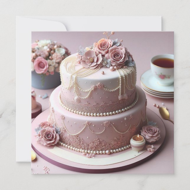 CARTE BEAU GÂTEAU FLORAL ROSE ANNIVERSAIRE (Devant)