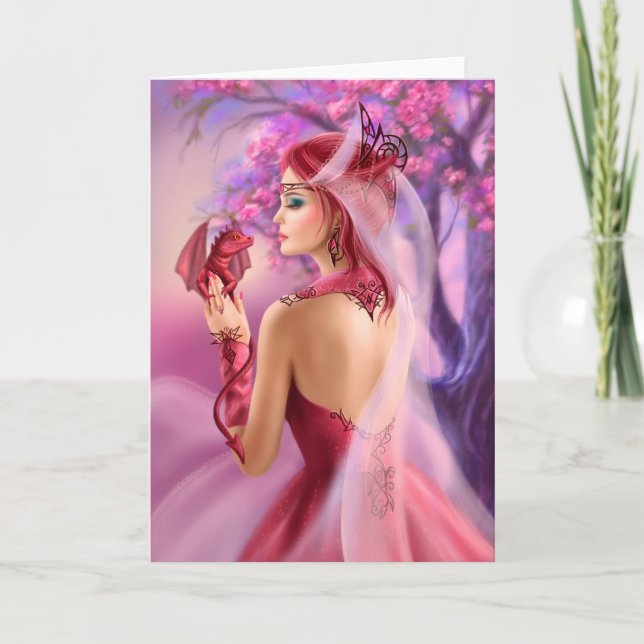 Carte Beau imaginaire femme reine et dragon rouge (Devant)