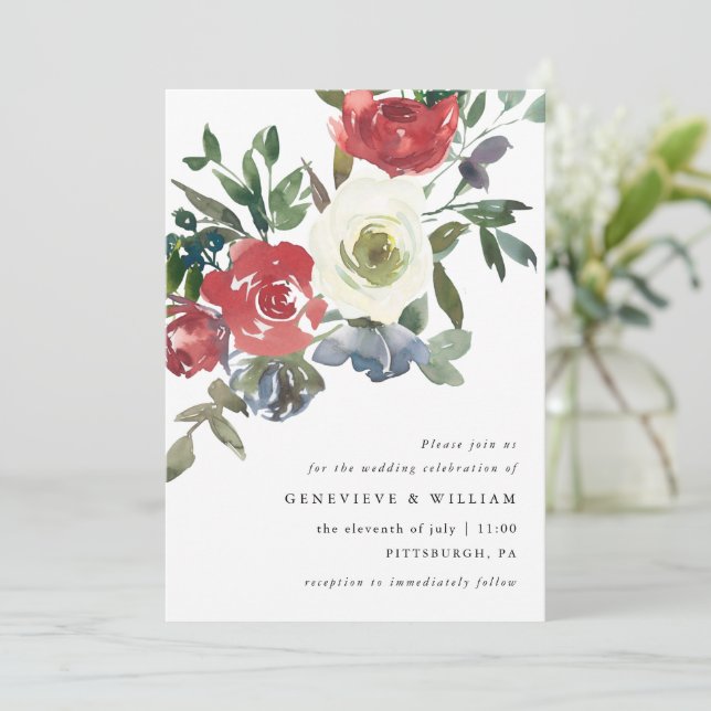 Carte Beau Mariage de fleurs rouges et vertes (Debout devant)