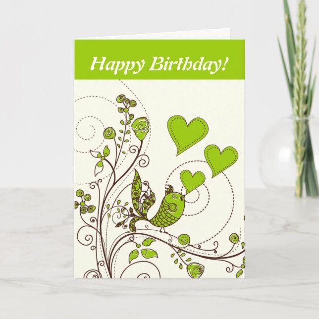 Carte Beau oiseau et coeurs fleuri vert, marron personna (Devant)