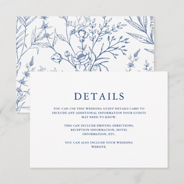 Carte Beautiful Blue Floral Mariage Détails de l'invité (Devant / Derrière)
