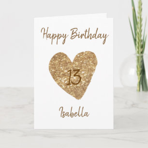 Carte Beautiful Gold Watercolor Heart 13th Birthday