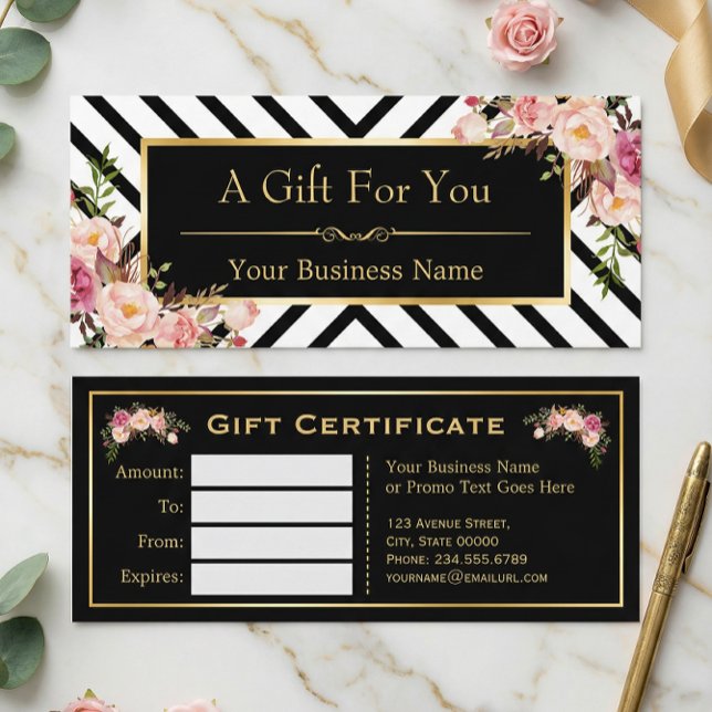 Carte Beauty Salon Certificat cadeau Gold Floral Stripes (Créateur téléchargé)