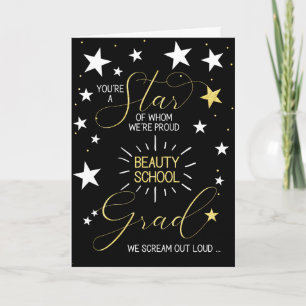 Carte Beauty School Graduate Black Gold Stars Typography
