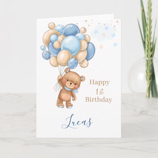Carte Bébé 1er anniversaire Teddy Bear Ballons Bleus (Devant)