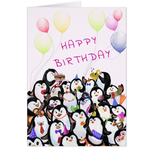 Carte Bébé Anniversaire Joyeux Pingouins Fête Votr (Devant)