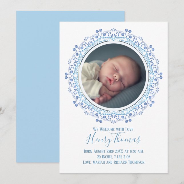 Carte Bébé classique Garçon bleu Photo Simply Sweet (Devant / Derrière)