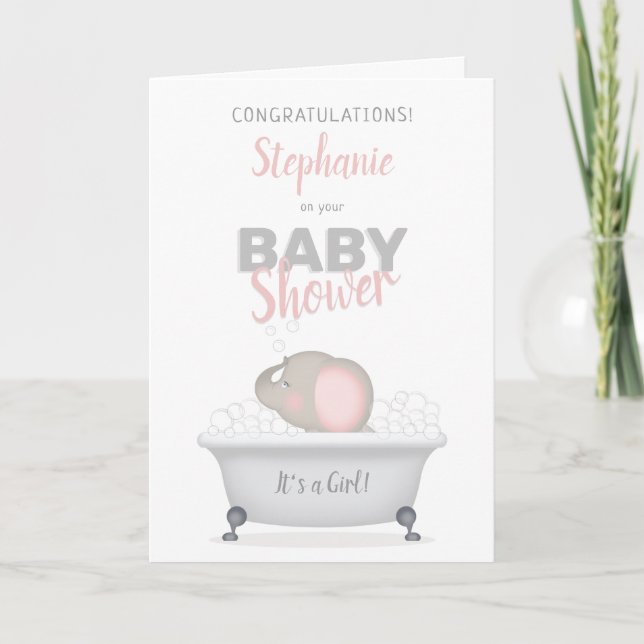 Carte Bébé Eléphant bulle Baby shower fille bain (Devant)