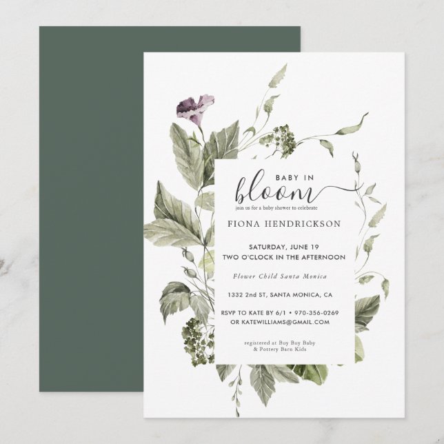 Carte Bébé en fleurs | Baby shower Floral de verdure (Devant / Derrière)