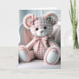 Carte Bébé En vichy ours en peluche sur une chaise