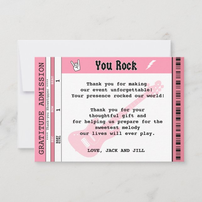 CARTE BÉBÉ FILLE DOUCHE CONCERT TICKET MERCI (Devant)