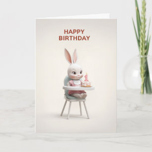 Carte Bébé fille lapin dans une chaise haute avec gâteau