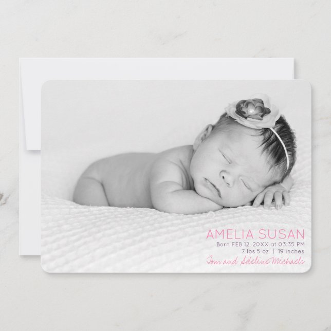Carte Bébé fille personnalisée photo et motif rose retou (Devant)