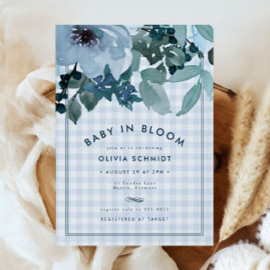 Carte Bébé Floral bleu en Fleur En vichy Baby shower gar