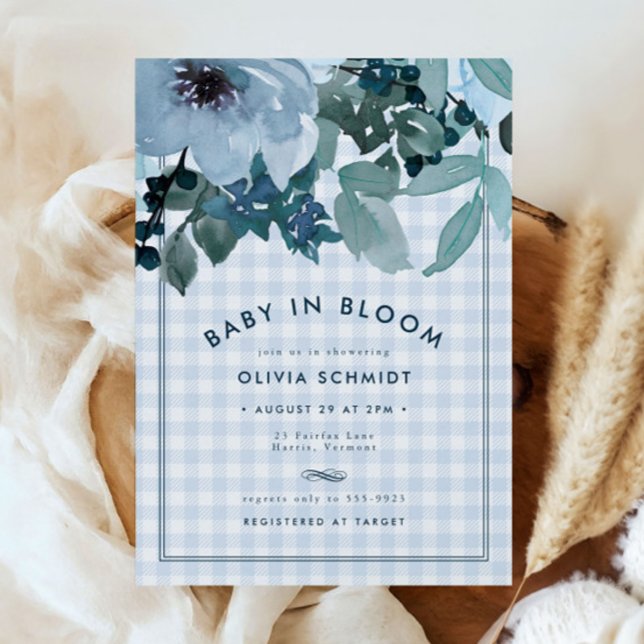 Carte Bébé Floral bleu en Fleur En vichy Baby shower gar (Créateur téléchargé)