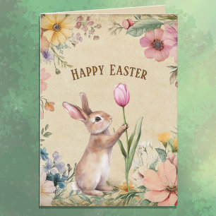 Carte Bébé lapin de Pâques avec tulipe rose florale vint