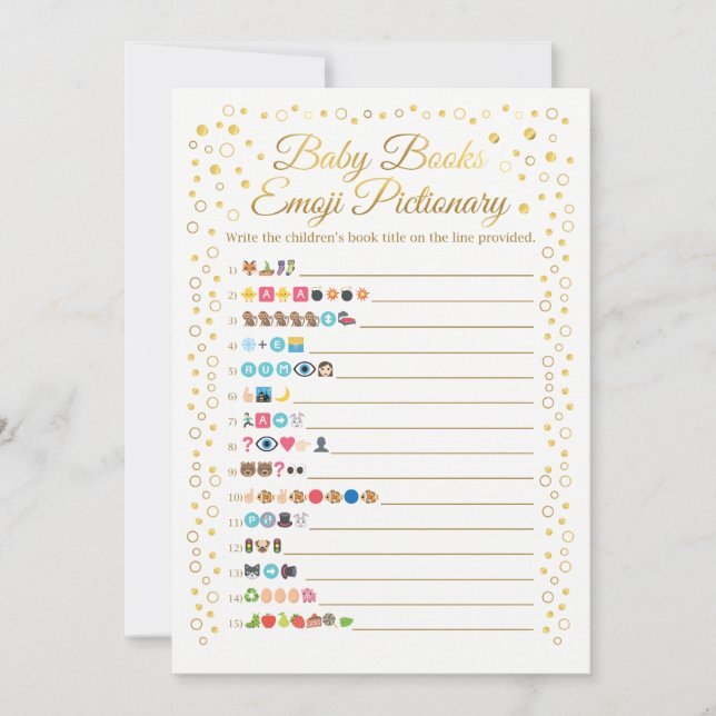 Carte Bébé Livres Emoji Pictionary Jeu Baby shower Or (Devant)