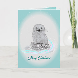 Carte Bébé loutre de mer blanche mignonne, Joyeux Noël