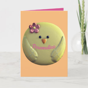 Carte Bébé poussin mignon jaune et rose ressort girly