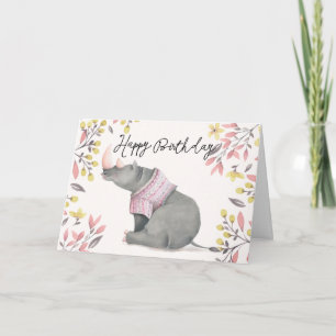 Carte Bébé Rhinoceros & Birdies Aquarelle Anniversaire