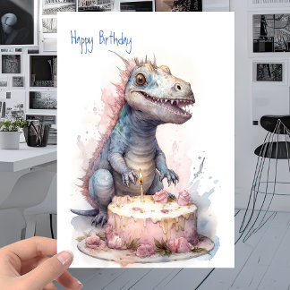 Carte Bébé T-Rex Dinosaur avec gâteau - Anniversaire de