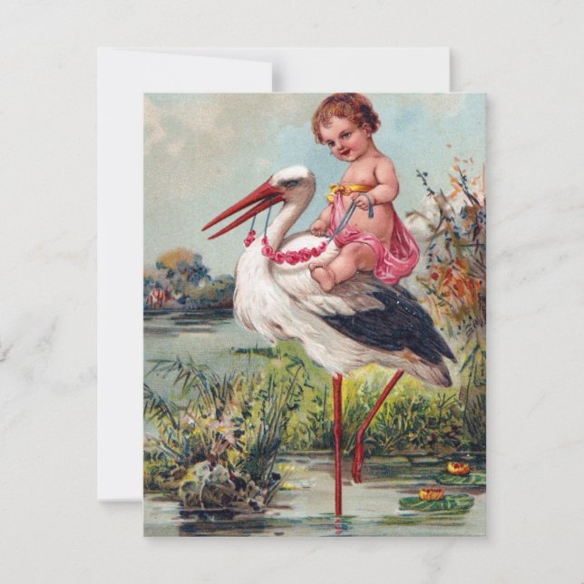 Carte Bébé vintage et cigogne (Devant)