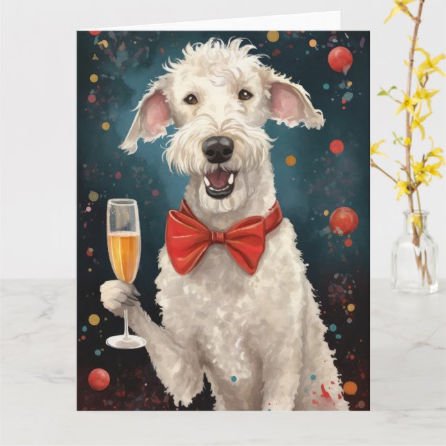 Carte Bedlington Terrier Nouvel An (Fleur jaune)