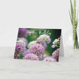 Carte Bee Happy avec Fleur Allium violet Anniversaire