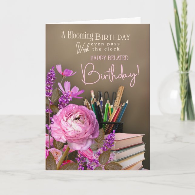 Carte Belated Tutor Birthday – Pink Roses & Study Theme (Devant)