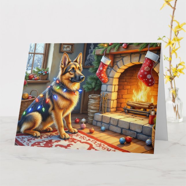 Carte Belgian Shepherd Fireplace with Christmas Lights (Fleur jaune)