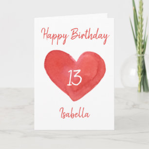 Carte Belle Aquarelle Rouge Coeur 13e anniversaire