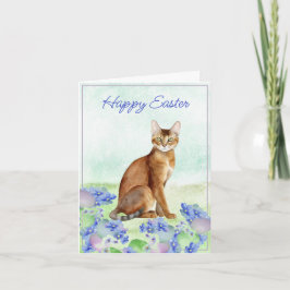 Carte Belle chatte Brown avec oeufs de Pâques et fleurs