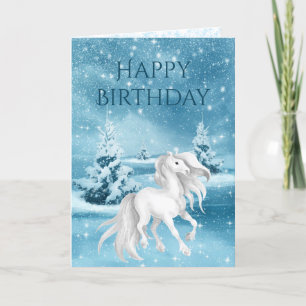Carte Belle Cheval Blanc Snowy Nuit d'hiver Anniversaire