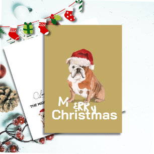 Carte Belle Chien à taureau anglais à Santa Hat Joyeux N