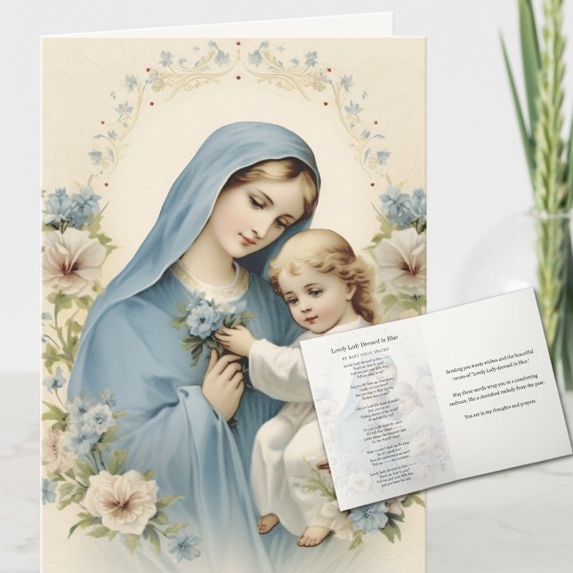 Carte "Belle Dame habillée en bleu" Poème religieux (A timeless Catholic classic poem and prayer by Mary Dixon Thayer.)